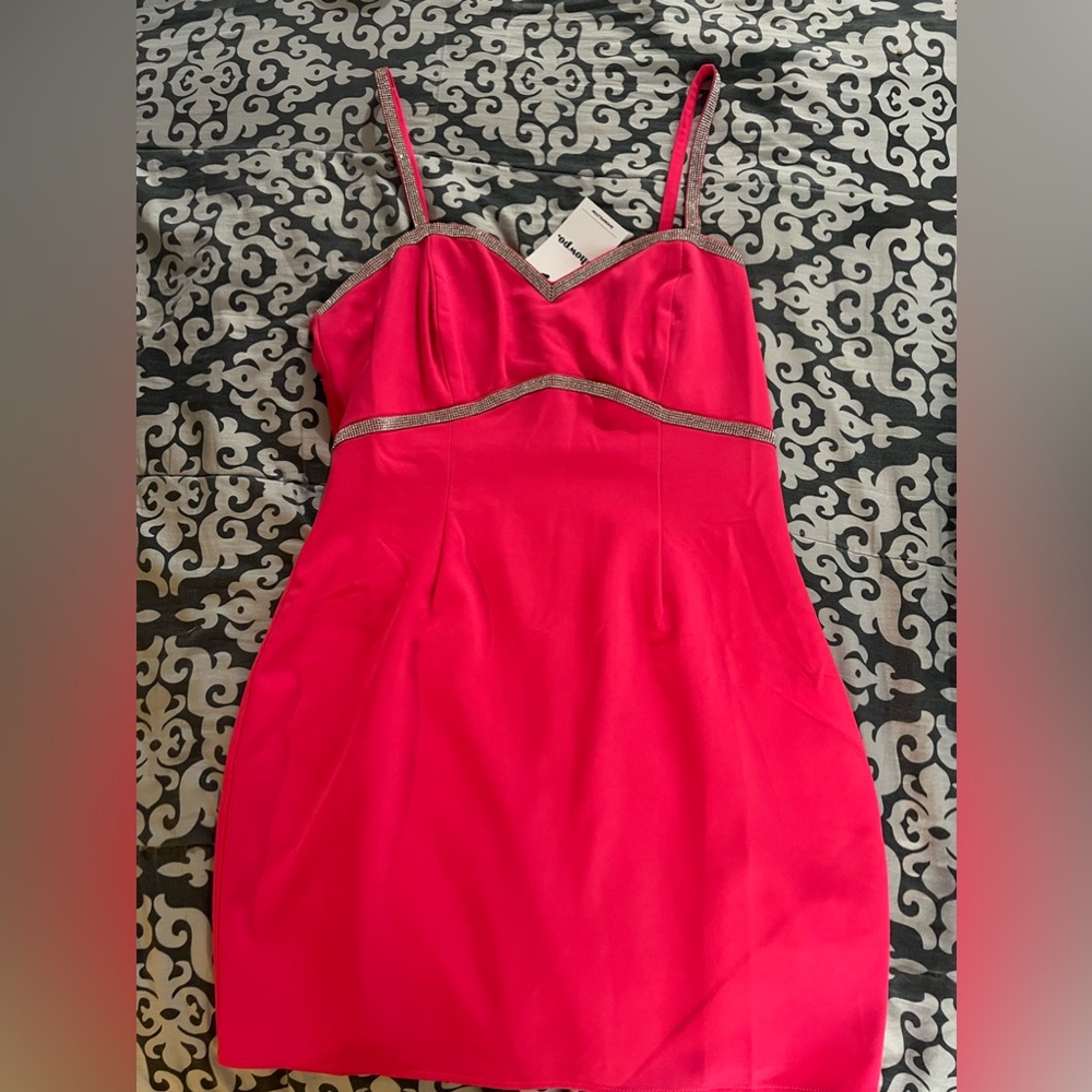 Dress - Diamante Trim Sweetheart Dress in Hot Pink
